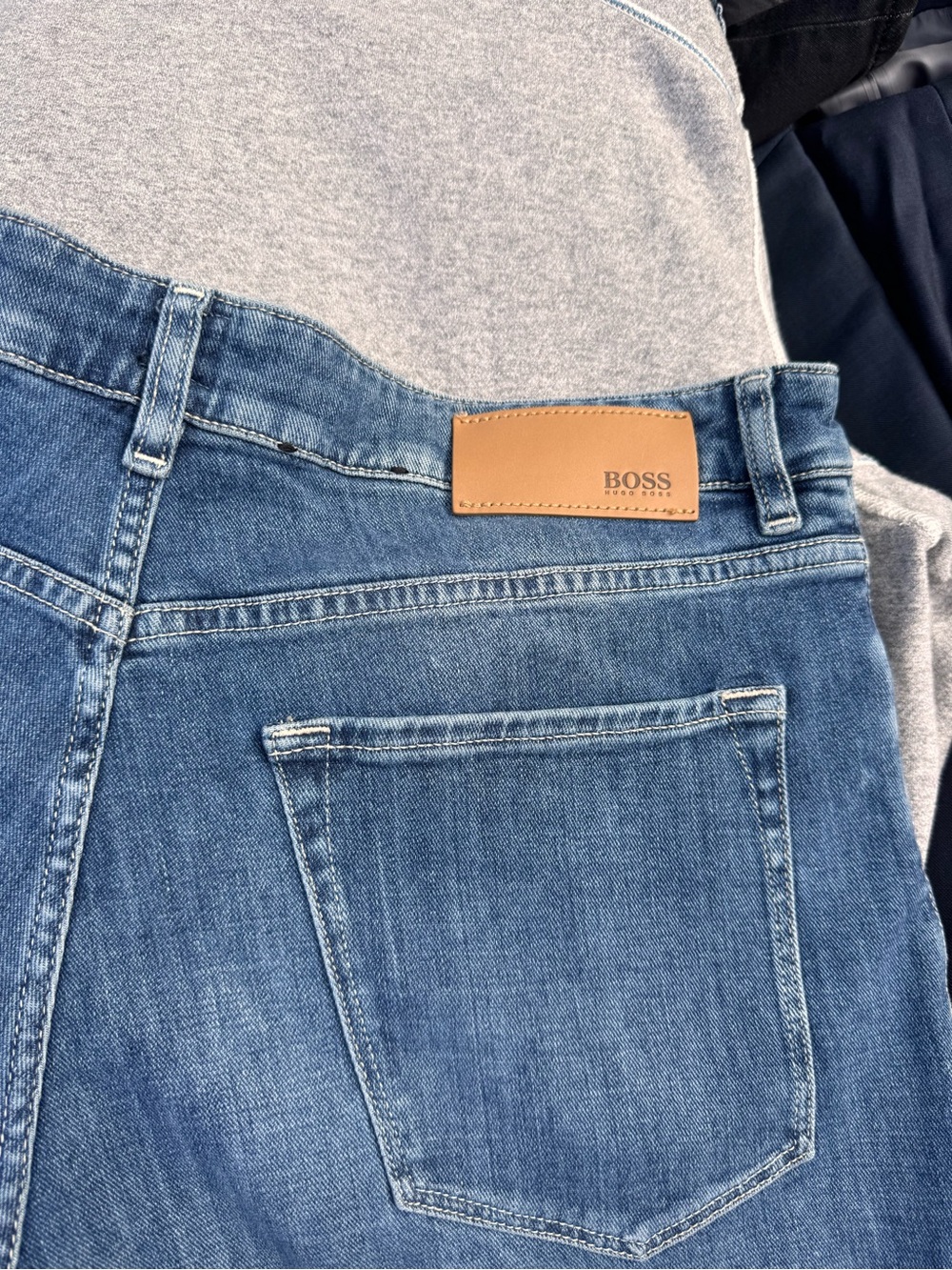 BOSS Men's Blue Denim Jeans with Leather Logo Patch.  36x30